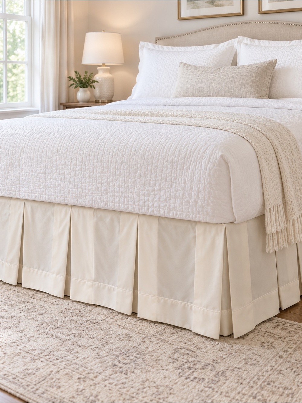 Yves Delorme Paris Ivory Cotton Pleated Bed Skirt 24” Drop Made in Portugal